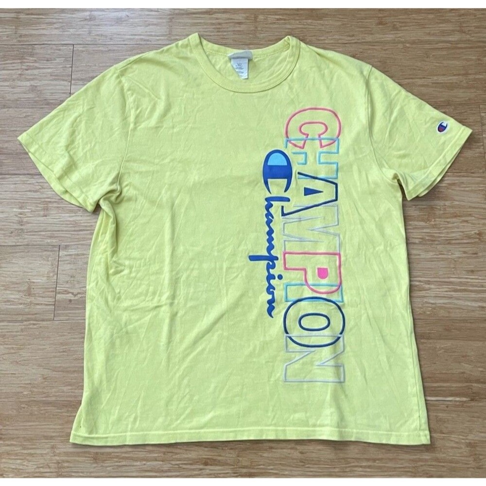 Vintage Champion T Shirt Mens Large Yellow Embroidered Spellout Logo Tee